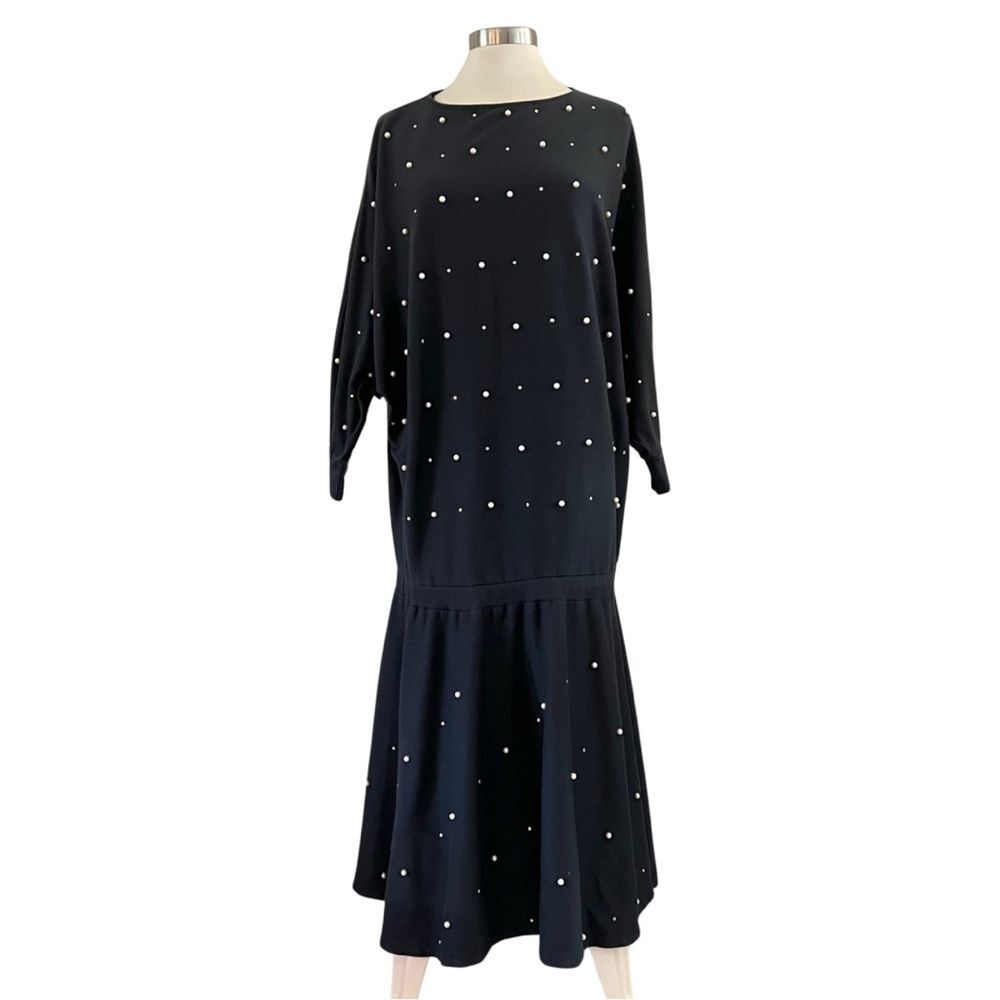 VINTAGE Tori Ito Bishi Oversized Sweat Midi Dress Black Pearls OS